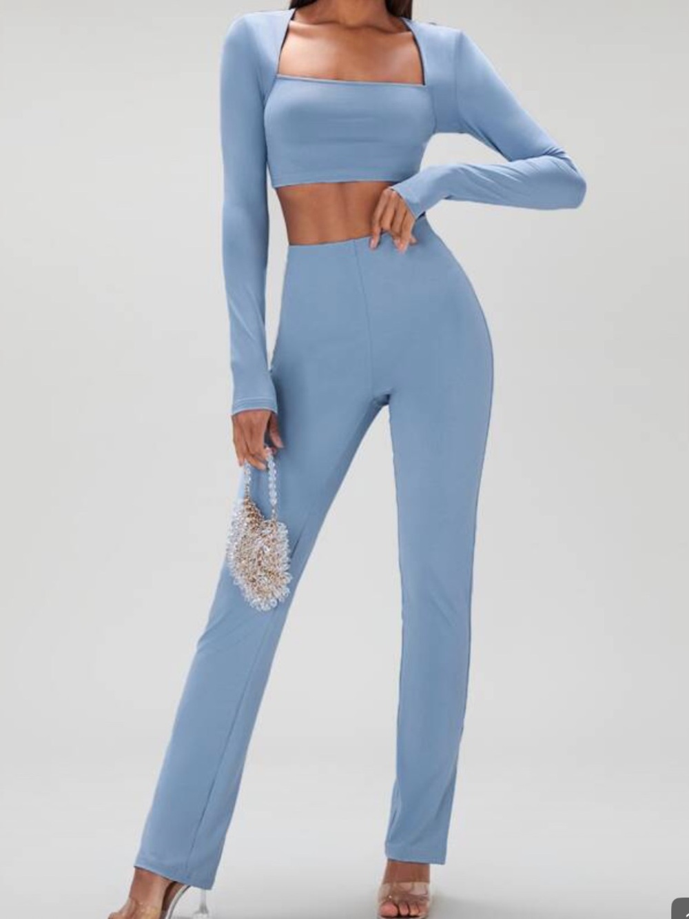 Light Blue Two-Piece Long Sleeve Crop Top & High-Waist Pants Set